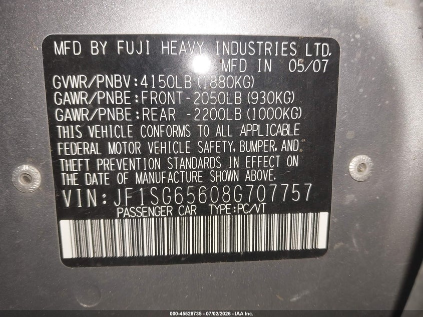 2008 Subaru Forester VIN JF1SG65608G707757 IAAI salvage auction — NORMAL WEAR, Clear (Oregon), sold $725 on 2026-07-14 (photo 9)