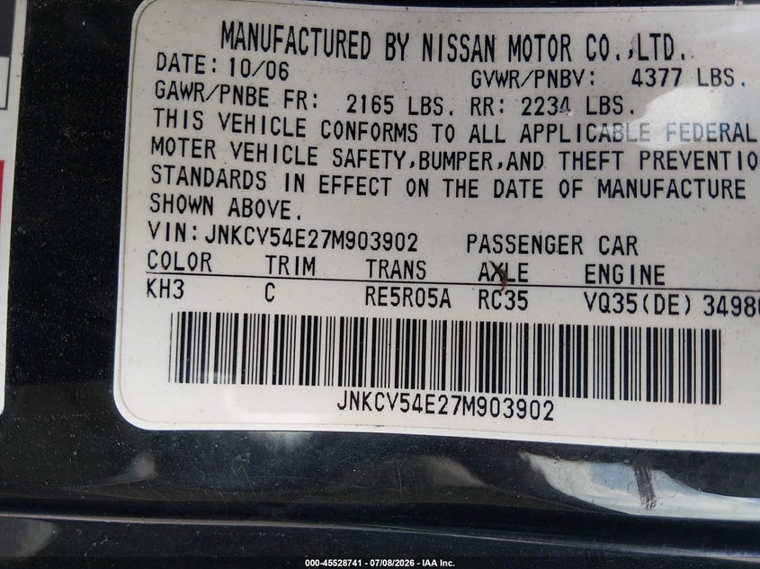 2007 Infiniti G35 VIN JNKCV54E27M903902 IAAI salvage auction — NORMAL WEAR, Clear (New York), sold $100 on 2026-07-15 (photo 9)