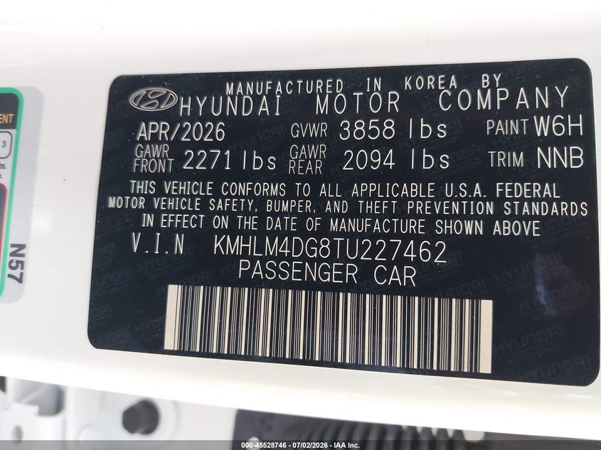 2026 Hyundai Elantra VIN KMHLM4DG8TU227462 IAAI salvage auction — FRONT END, Salvage Title, sold $7,900 on 2026-07-08 (photo 9)