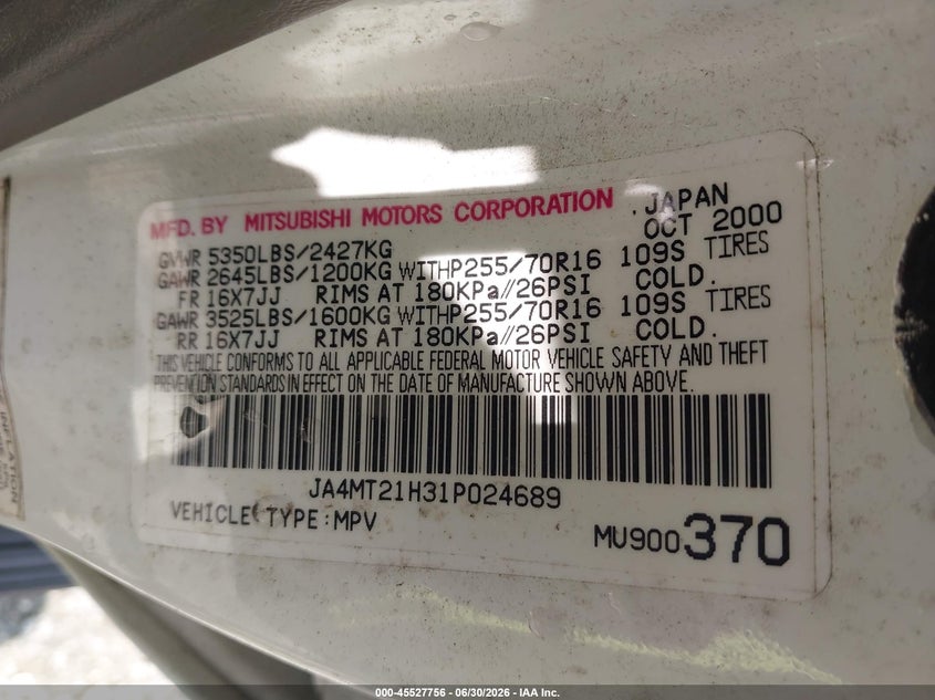 2001 Mitsubishi Montero VIN JA4MT21H31P024689 IAAI salvage auction — NORMAL WEAR, Repossession Paperwork (Georgia), sold $350 on 2026-07-28 (photo 9)