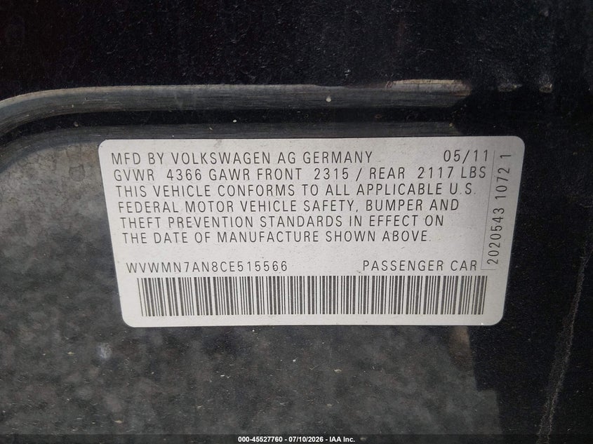 2012 Volkswagen Cc VIN WVWMN7AN8CE515566 IAAI salvage auction — NORMAL WEAR, Clear (Alabama), sold $275 on 2026-07-27 (photo 9)