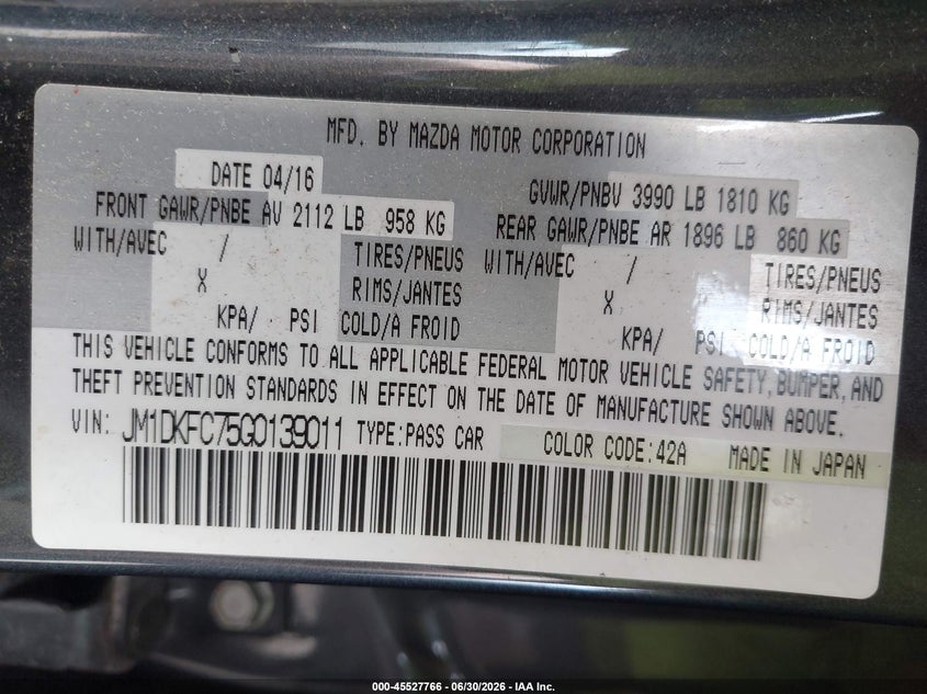 2016 Mazda Cx-3 VIN JM1DKFC75G0139011 IAAI salvage auction — NORMAL WEAR, Clear (Michigan), sold $1,925 on 2026-07-06 (photo 9)