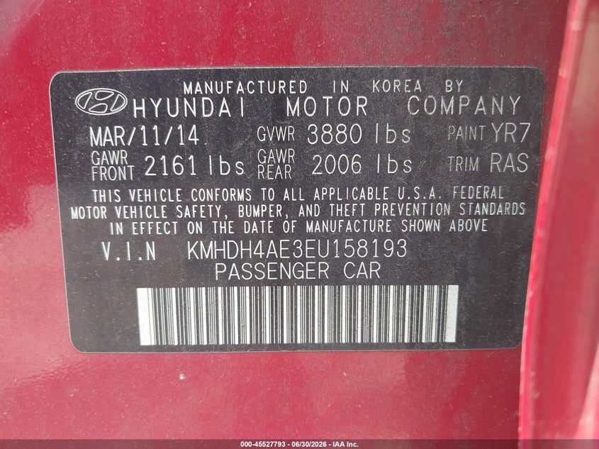 2014 Hyundai Elantra VIN KMHDH4AE3EU158193 IAAI salvage auction — NORMAL WEAR, Clear (Pennsylvania), sold $375 on 2026-07-08 (photo 9)