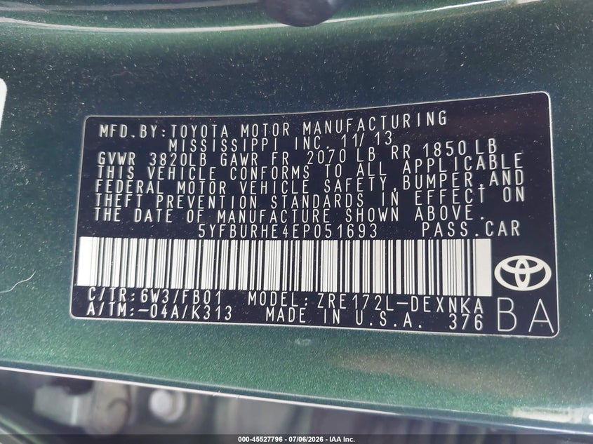 2014 Toyota Corolla VIN 5YFBURHE4EP051693 IAAI salvage auction — FRONT END, Salvage (North Carolina), sold $2,200 on 2026-07-22 (photo 9)