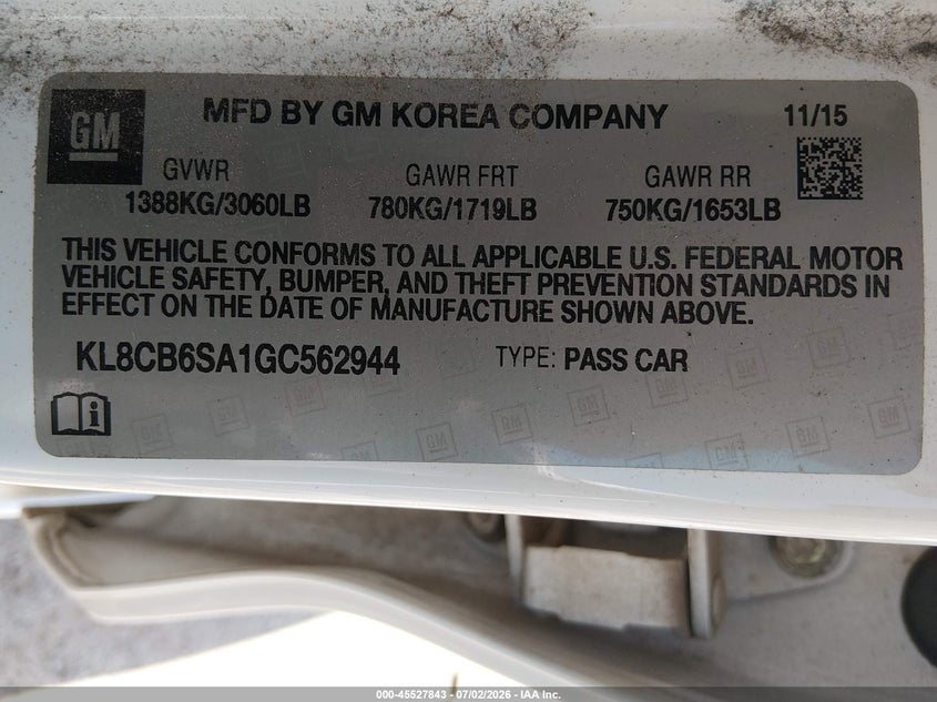 2016 Chevrolet Spark VIN KL8CB6SA1GC562944 IAAI salvage auction — NORMAL WEAR, Clear-Dealer Only (West Virginia), sold $525 on 2026-07-17 (photo 9)