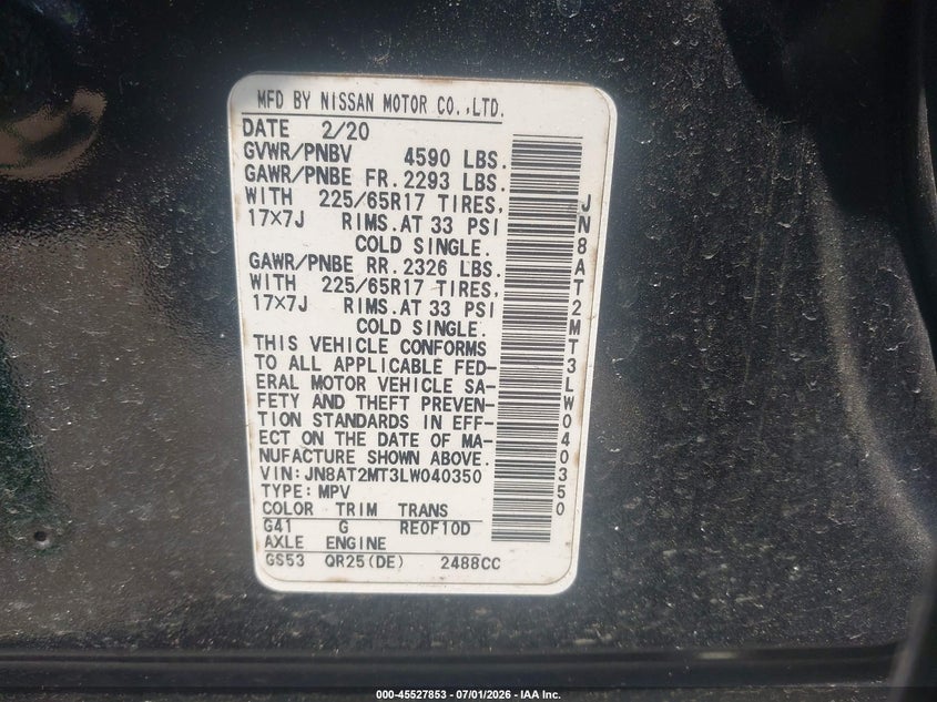 2020 Nissan Rogue VIN JN8AT2MT3LW040350 IAAI salvage auction — LEFT SIDE, Salvage Title, sold $3,200 on 2026-07-29 (photo 9)