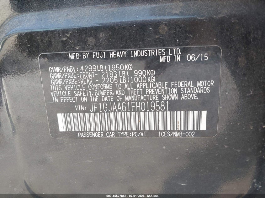 2015 Subaru Impreza VIN JF1GJAA61FH019581 IAAI salvage auction — FRONT END, Salvage (Pennsylvania), sold $925 on 2026-07-10 (photo 9)