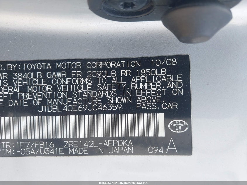 2009 Toyota Corolla VIN JTDBL40E69J046359 IAAI salvage auction — REAR END, Rebuildable (Florida), sold $1,400 on 2026-07-22 (photo 9)