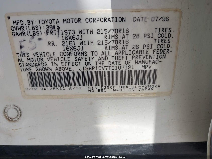1996 Toyota Rav4 VIN JT3HP10V7T0107121 IAAI salvage auction — NORMAL WEAR, Clear (Colorado), sold $3,750 on 2026-07-15 (photo 9)