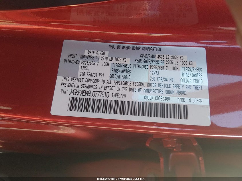 2020 Mazda Cx-5 VIN JM3KFABM8L0777910 IAAI salvage auction — SIDE, Salvage Title, sold $5,100 on 2026-07-30 (photo 9)