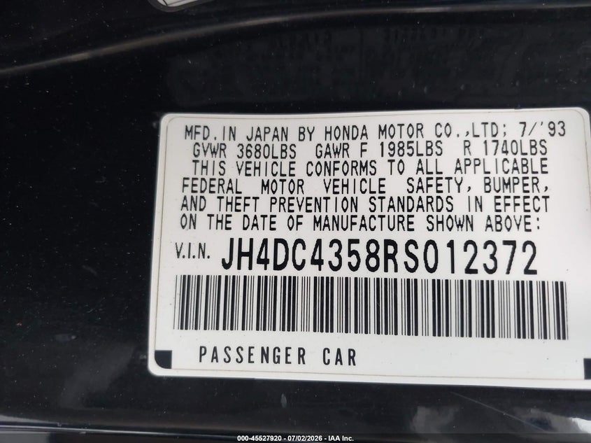 1994 Acura Integra VIN JH4DC4358RS012372 IAAI salvage auction — FRONT END, Salvage (California), sold $1,600 on 2026-07-16 (photo 9)
