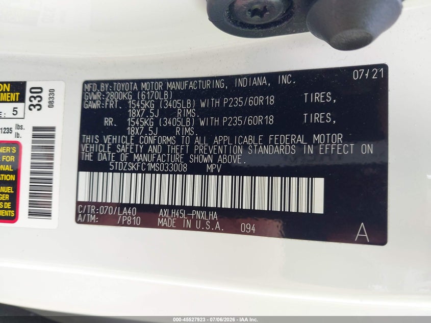 2021 Toyota Sienna VIN 5TDZSKFC1MS033008 IAAI salvage auction — RIGHT SIDE, Salvage (Indiana), sold $13,200 on 2026-07-30 (photo 9)