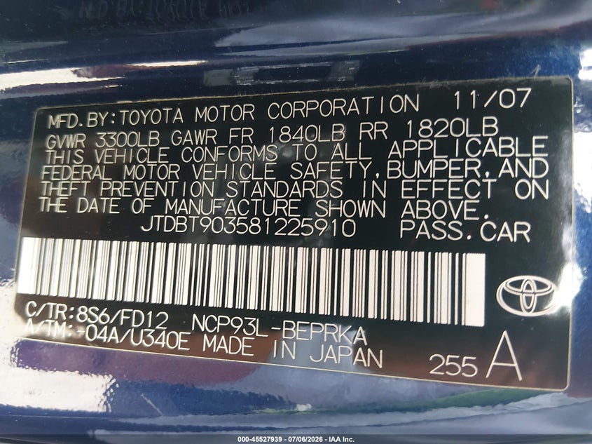 2008 Toyota Yaris VIN JTDBT903581225910 IAAI salvage auction — NORMAL WEAR, Clear (Indiana), sold $1,100 on 2026-07-08 (photo 9)