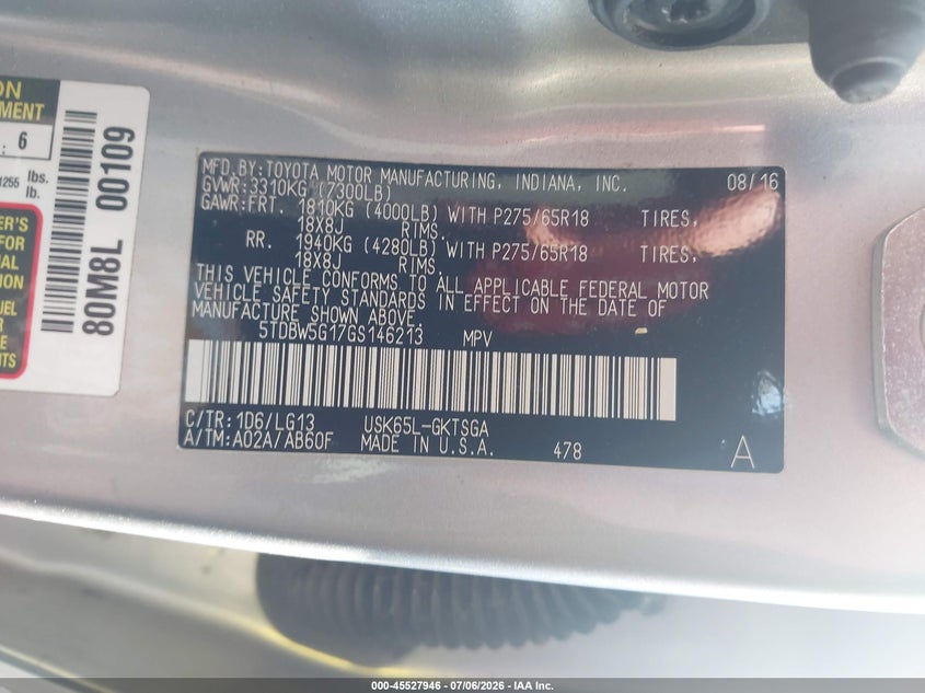 2016 Toyota Sequoia VIN 5TDBW5G17GS146213 IAAI salvage auction — LEFT FRONT, Salvage (Ohio), sold $4,700 on 2026-08-01 (photo 9)