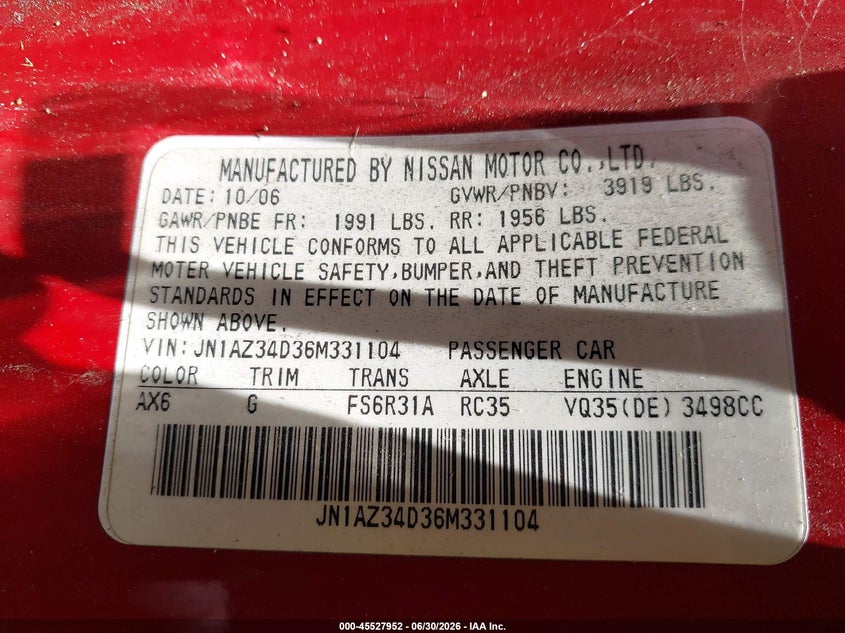 2006 Nissan 350z VIN JN1AZ34D36M331104 IAAI salvage auction — NORMAL WEAR, Clear - Dealer Only (California), sold $1,750 on 2026-07-06 (photo 9)