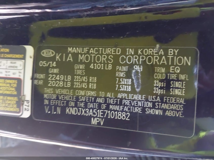 2014 Kia Soul VIN KNDJX3A51E7101882 IAAI salvage auction — NORMAL WEAR, Clear (Virginia), sold $1,000 on 2026-07-16 (photo 9)