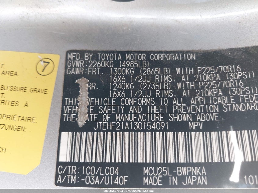 2003 Toyota Highlander VIN JTEHF21A130154091 IAAI salvage auction — NORMAL WEAR, Clear (Florida), sold $875 on 2026-07-07 (photo 9)