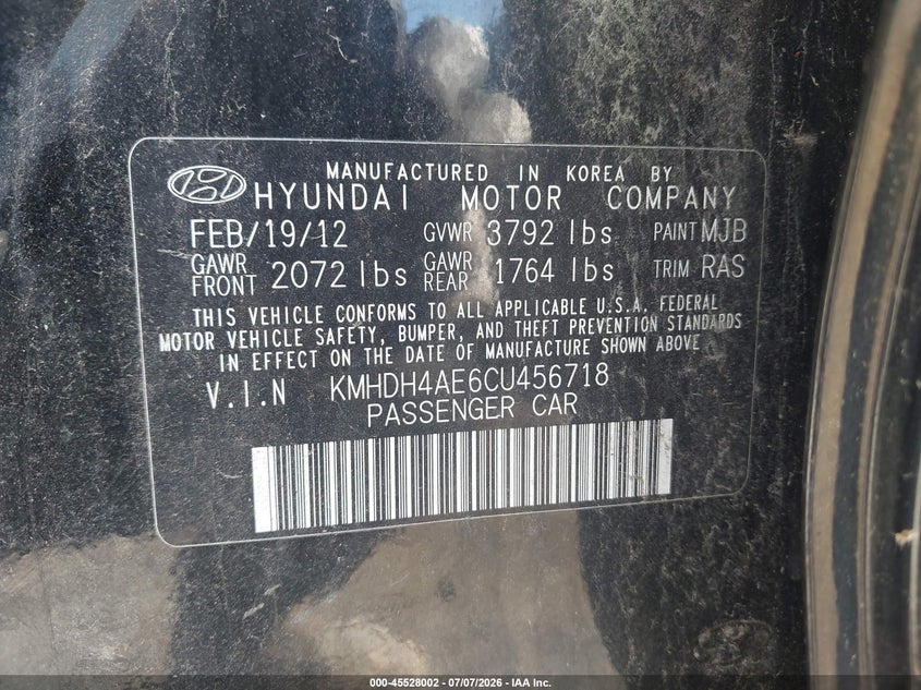 2012 Hyundai Elantra VIN KMHDH4AE6CU456718 IAAI salvage auction — NORMAL WEAR, Clear (Illinois), sold $675 on 2026-07-15 (photo 9)