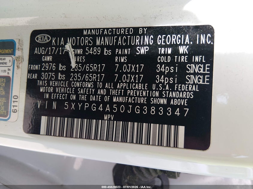 2018 Kia Sorento VIN 5XYPG4A50JG383347 IAAI salvage auction — RIGHT FRONT, Salvage Title, sold $2,500 on 2026-07-28 (photo 9)