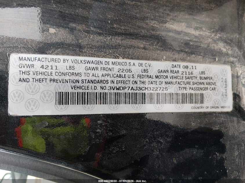 2012 Volkswagen Jetta VIN 3VWDP7AJ3CM322725 IAAI salvage auction — NORMAL WEAR, Clear (Kansas), sold $575 on 2026-07-24 (photo 9)