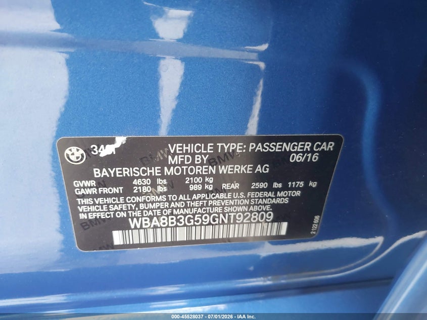 2016 BMW 3er VIN WBA8B3G59GNT92809 IAAI salvage auction — FRONT END, Salvage (California), sold $11,900 on 2026-07-29 (photo 9)