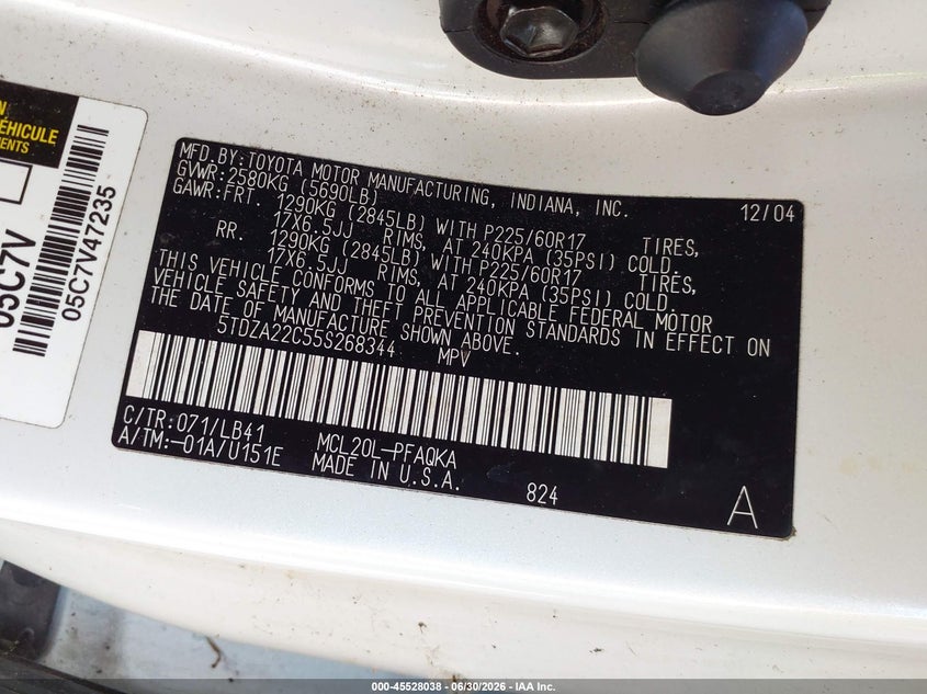 2005 Toyota Sienna VIN 5TDZA22C55S268344 IAAI salvage auction — NORMAL WEAR, Clear (New Jersey), sold $1,100 on 2026-07-16 (photo 9)