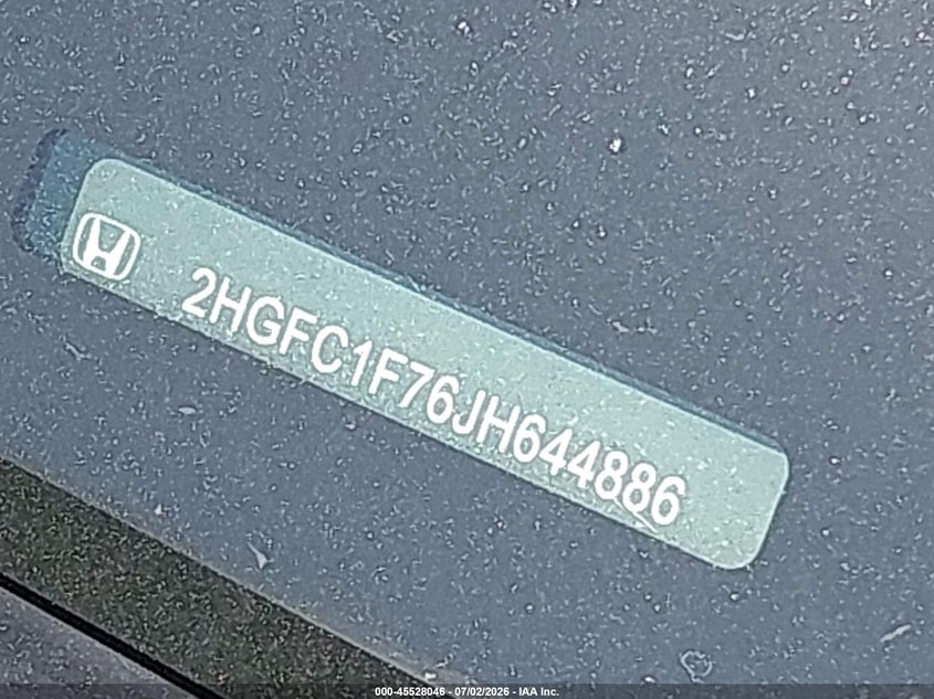 2018 Honda Civic VIN 2HGFC1F76JH644886 IAAI salvage auction — LEFT SIDE, Mv-907A (New York), sold $3,750 on 2026-07-28 (photo 9)