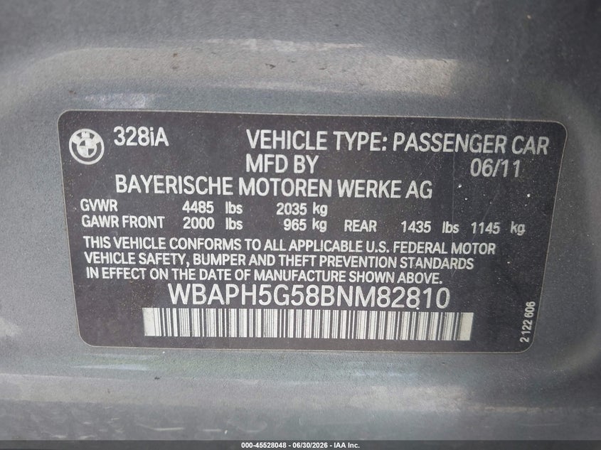 2011 BMW 3 series VIN WBAPH5G58BNM82810 IAAI salvage auction — REAR END, Salvage (California), sold $1,300 on 2026-07-29 (photo 9)