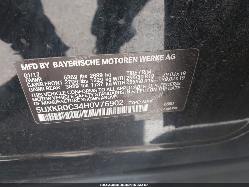 2017 BMW X5 VIN 5UXKR0C34H0V76902 IAAI salvage auction — FRONT END, Salvage Title, sold $300 on 2026-07-22 (photo 9)