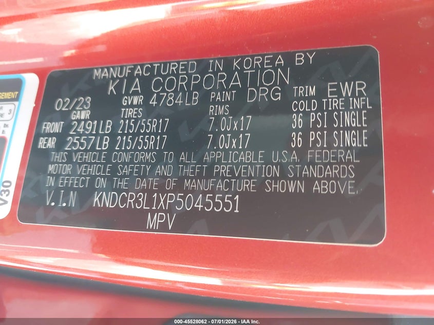 2023 Kia Niro VIN KNDCR3L1XP5045551 IAAI salvage auction — NORMAL WEAR, Clear (Florida), sold $11,250 on 2026-07-12 (photo 9)