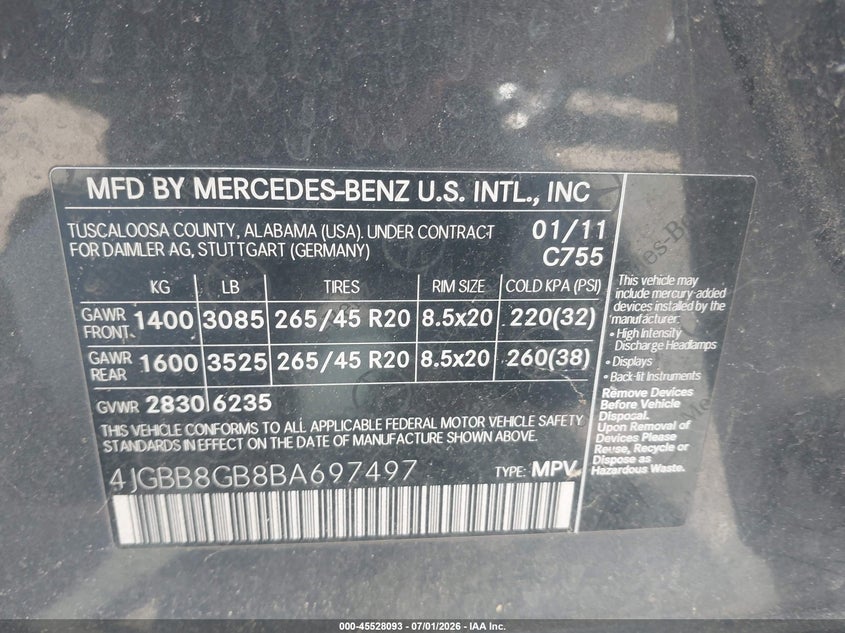 2011 Mercedes-benz Ml-class VIN 4JGBB8GB8BA697497 IAAI salvage auction — NORMAL WEAR, Clear (Massachusetts), sold $1,225 on 2026-07-10 (photo 9)