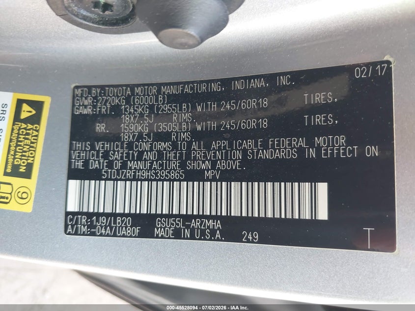 2017 Toyota Highlander VIN 5TDJZRFH9HS395865 IAAI salvage auction — SIDE, Salvage (Virginia), sold $6,800 on 2026-07-31 (photo 9)