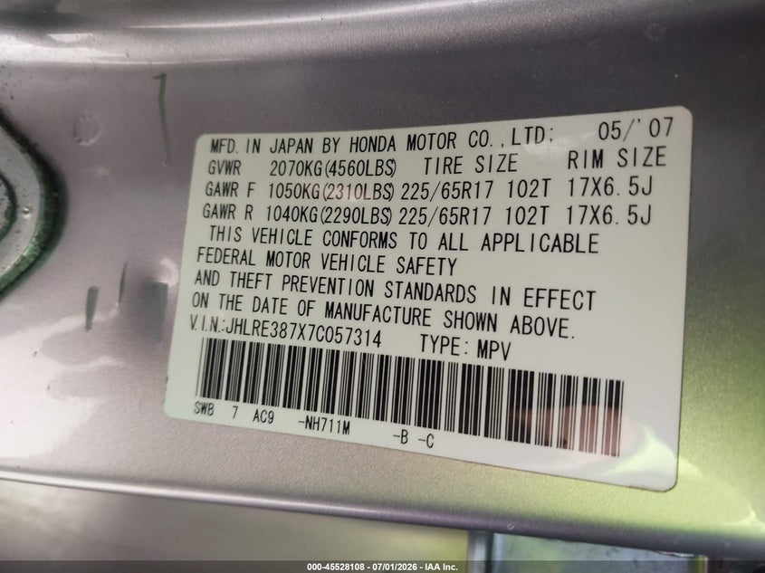 2007 Honda Cr-v VIN JHLRE387X7C057314 IAAI salvage auction — FRONT END, Salvage (California), sold $825 on 2026-07-13 (photo 9)