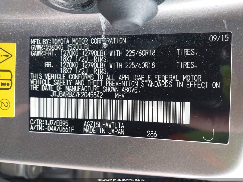 2015 Lexus Nx VIN JTJBARBZ7F2045842 IAAI salvage auction — FRONT END, Salvage (Oregon), sold $12,475 on 2026-08-29 (photo 9)
