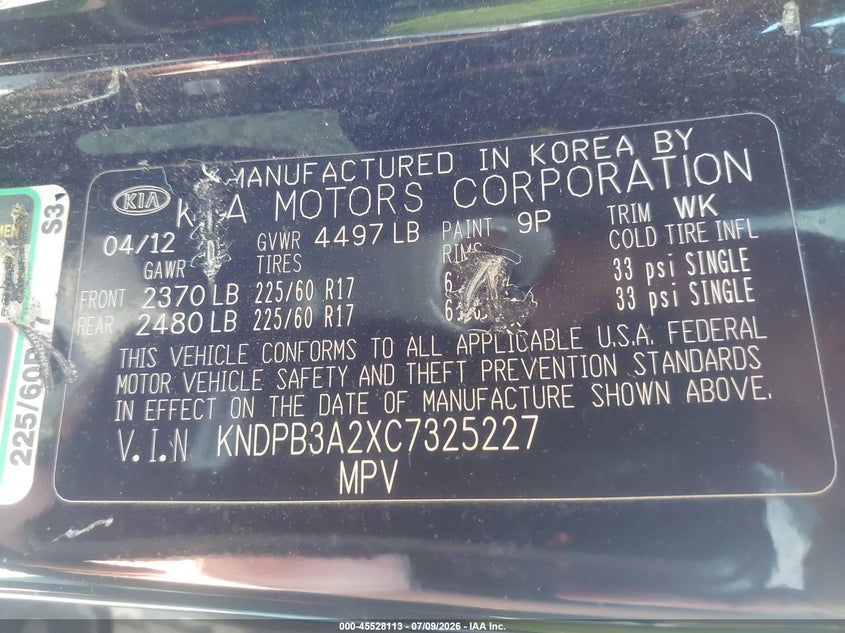 2012 Kia Sportage VIN KNDPB3A2XC7325227 IAAI salvage auction — THEFT, Salvage (Ohio), sold $525 on 2026-07-21 (photo 9)