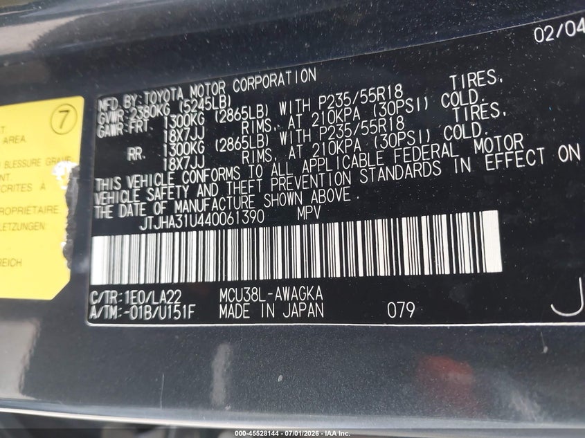 2004 Lexus Rx VIN JTJHA31U440061390 IAAI salvage auction — FRONT END, Clear (Michigan), sold $25 on 2026-07-30 (photo 9)