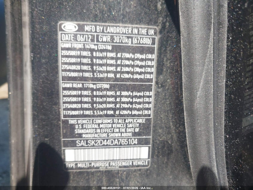2013 Land rover Range rover sport VIN SALSK2D44DA765104 IAAI salvage auction — NORMAL WEAR, Clear (Massachusetts), sold $750 on 2026-07-24 (photo 9)