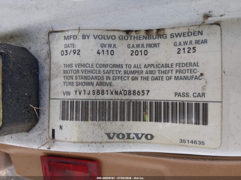 1992 Volvo 940 VIN YV1JS881XNA088657 IAAI salvage auction — NORMAL WEAR, Clear - Dealer Only (California), sold $225 on 2026-07-13 (photo 9)