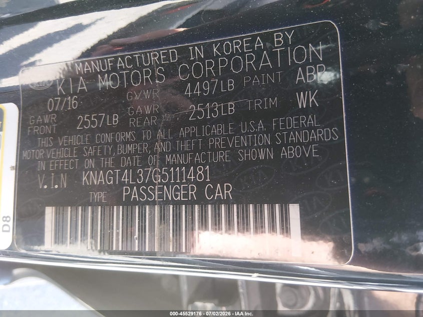 2016 Kia Optima VIN KNAGT4L37G5111481 IAAI salvage auction — REAR END, Salvage (California), sold $1,550 on 2026-07-14 (photo 9)