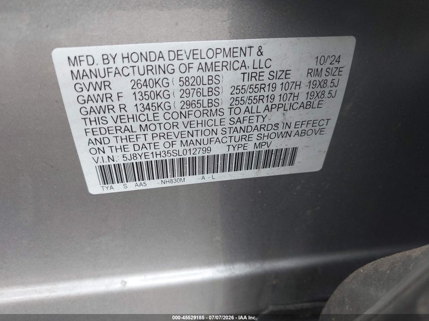 2025 Acura Mdx VIN 5J8YE1H35SL012799 IAAI salvage auction — FRONT END, Salvage Title, sold $13,100 on 2026-08-01 (photo 9)