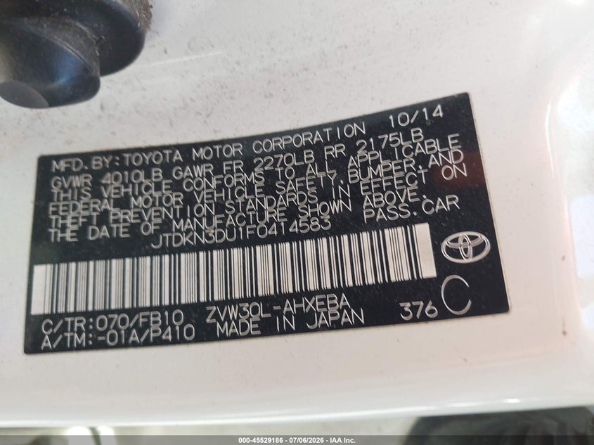 2015 Toyota Prius VIN JTDKN3DU1F0414583 IAAI salvage auction — LEFT FRONT, Salvage (California), sold $1,750 on 2026-07-16 (photo 9)
