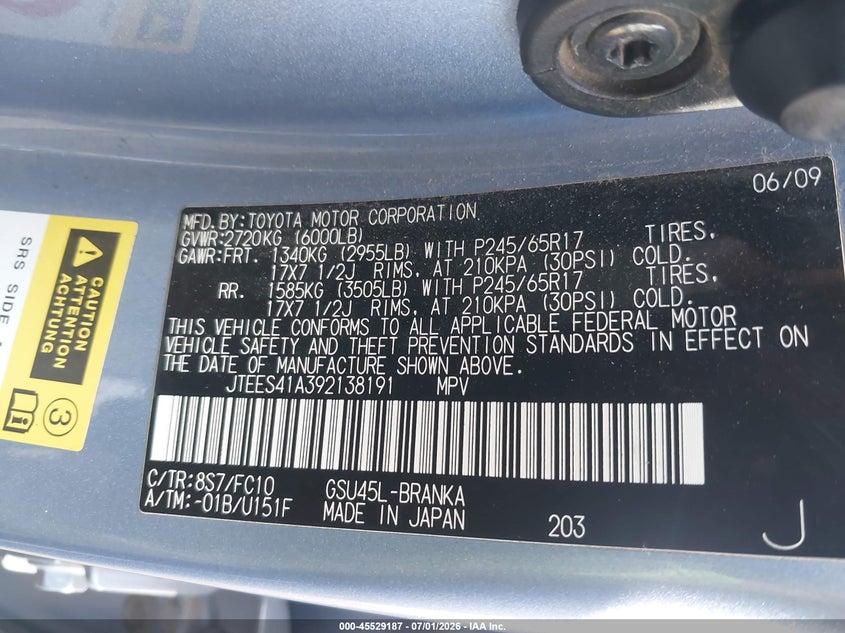 2009 Toyota Highlander VIN JTEES41A392138191 IAAI salvage auction — LEFT SIDE, Bill Of Sale (Washington), sold $75 on 2026-07-21 (photo 9)