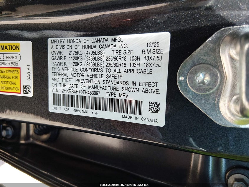 2026 Honda Cr-v VIN 2HKRS4H70TH453097 IAAI salvage auction — HAIL, Salvage Title, sold $21,350 on 2026-09-25 (photo 9)