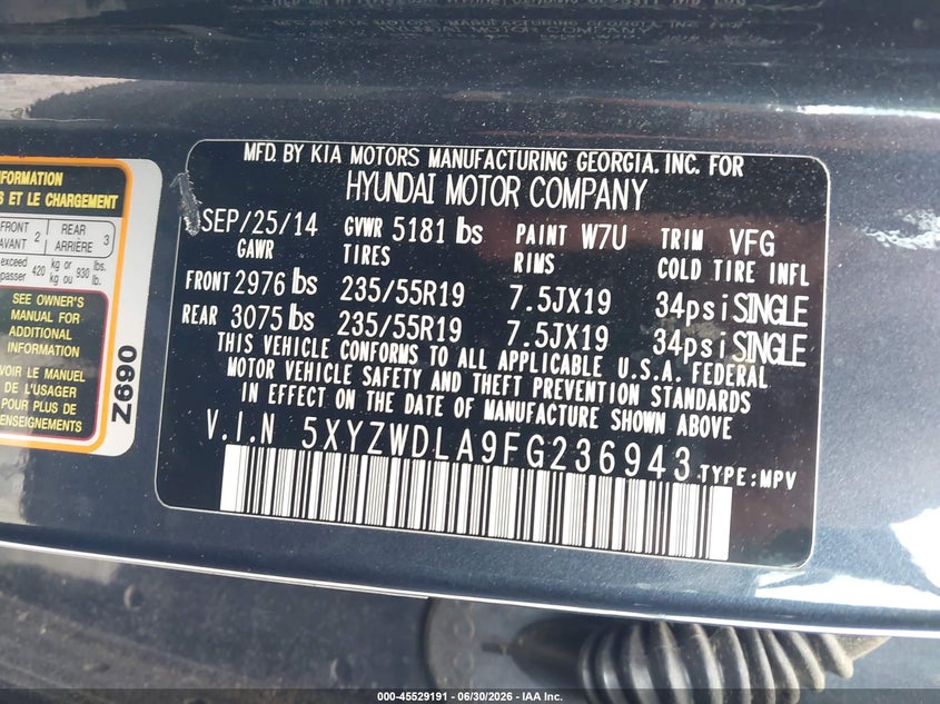 2015 Hyundai Santa fe VIN 5XYZWDLA9FG236943 IAAI salvage auction — NORMAL WEAR, Clear (North Carolina), sold $2,475 on 2026-07-10 (photo 9)