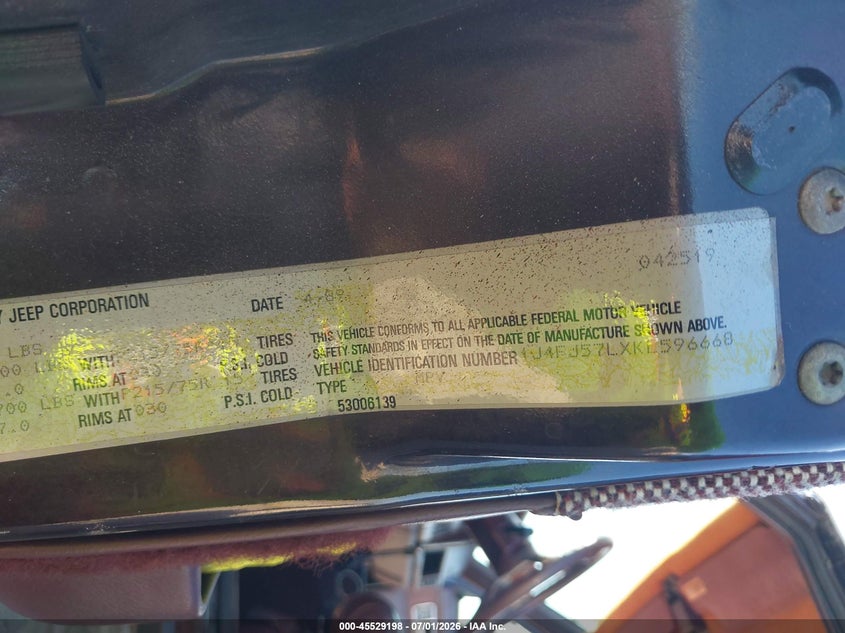 1989 Jeep Cherokee VIN 1J4FJ57LXKL596668 IAAI salvage auction — FRONT END, Rebuildable (Florida), sold $450 on 2026-07-23 (photo 9)
