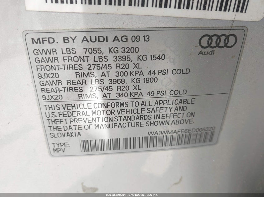 2014 Audi Q7 VIN WA1WMAFE6ED005320 IAAI salvage auction — NORMAL WEAR, Repossession Paperwork (Georgia), sold $1,100 on 2026-07-29 (photo 9)