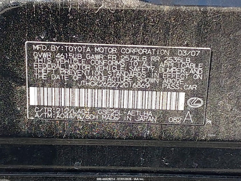 2007 Lexus Is 250 VIN JTHCK262272016869 IAAI salvage auction — NORMAL WEAR, Clear (Florida), sold $25 on 2026-07-30 (photo 9)