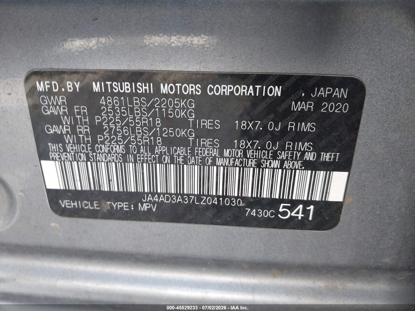 2020 Mitsubishi Outlander VIN JA4AD3A37LZ041030 IAAI salvage auction — LEFT FRONT, Salvage (California), sold $2,650 on 2026-07-29 (photo 9)