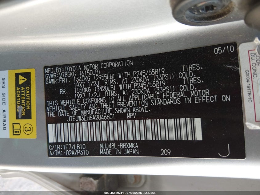2010 Toyota Highlander hybrid VIN JTEJW3EH6A2046601 IAAI salvage auction — ALL OVER, Clear (Arkansas), sold $2,700 on 2026-07-20 (photo 9)