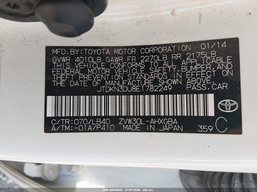 2014 Toyota Prius VIN JTDKN3DU8E1782249 IAAI salvage auction — NORMAL WEAR, Salvage (Arkansas), sold $3,450 on 2026-07-16 (photo 9)